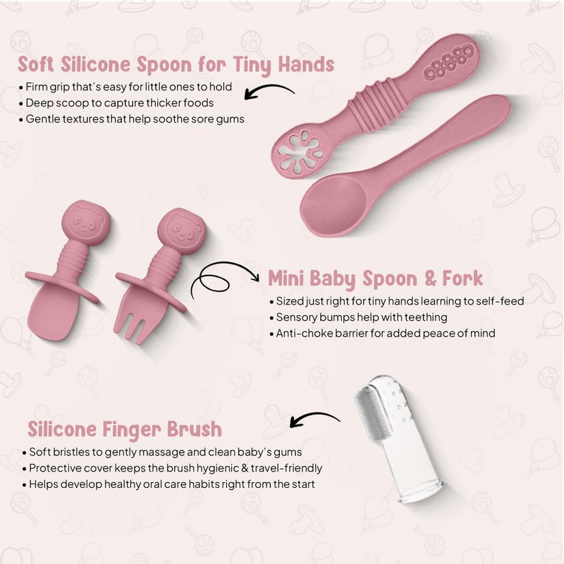 o'doe 11-Piece BPA-Free Silicone Baby Feeding Set | Thick & Soft Suction Plates, Baby Bowls, Wooden Fork & Spoon, and More | Make Mealtime Fun and Easy for Your Little One (Rose, V1) - Image 4